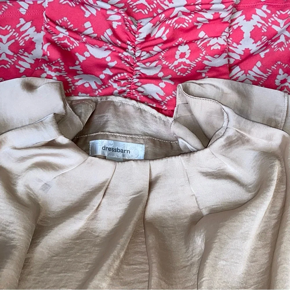 VWL Dressbarn Sz-L Beige Silky Top w/ Beige & Peachy/Orange Patterned Skirt Both